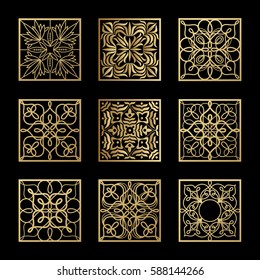 Square shape icons. Abstract patterns for monograms, logos, symbols, corporate identity. Vector art illustration templates with elements of nature and geometry. Print gold foil on black background