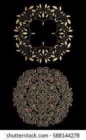 Square shape icons. Abstract patterns for monograms, logos, symbols, corporate identity. Vector art illustration templates with elements of nature and geometry. Print gold foil on black background