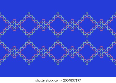 Square shape, interlocking, interlocking in a spiral pattern on a blue background. Vector work is suitable for knitting or embellishment.