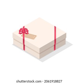 Caja de regalo isométrica de forma cuadrada. Caja real 3d de regalo blanco con arco de cinta roja y tarjeta de saludo de etiqueta. Casilla de sorpresa cerrada. Decoración del paquete de cumpleaños de vacaciones. Elemento de icono vectorial isométrico