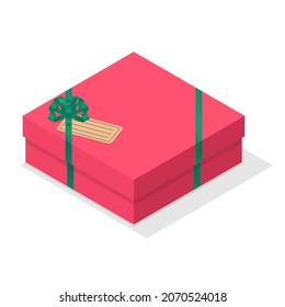 Square shape low holiday gift box isometric 2d vector illustration. Decorative greeting present box with greeting card tag isolated on white background. Red wrapping with green ribbon bow isometric 2d