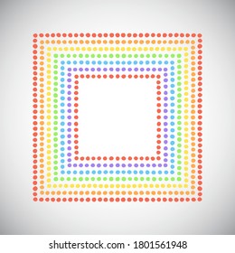 Square shape made of hand drawn uneven dots, beads, spots. Lgbt rainbow colors. Colorful dot frames of various diameter set. Editable graphic design element, template for rectangle frames, borders. 