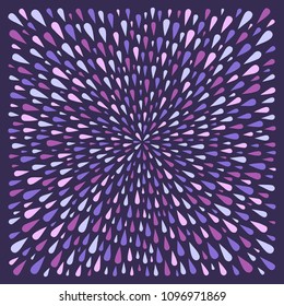 Square shape, magic pattern made of uneven violet drops, droplets, raindrops, tears of various size. Radial template for borders, frames, design element. Lilac, purple, lavender abstract background.