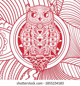 Square shape with patterned bird. Zentangle. Square pattern with zen owl. Design for spiritual relaxation for adults