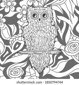 Square shape with patterned owl. Hand drawn background. Black and white illustration