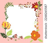Square Shape Pink Color. Text Frame Surrounded With Assorted Flowers Hearts And Leaves. Framework For Writing Ringed With Different Daisies, Hearts And Tree Leaves.
