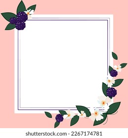 Square Shape Pink Color. Text Frame Surrounded With Assorted Flowers Hearts And Leaves. Framework For Writing Ringed With Different Daisies, Hearts And Tree Leaves.