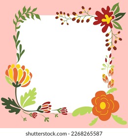 Square Shape Pink Color. Text Frame Surrounded With Assorted Flowers Hearts And Leaves. Framework For Writing Ringed With Different Daisies, Hearts And Tree Leaves.