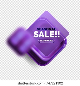 Square shape purple sale button label tag, vector geometric buttons with transparency and blur effects
