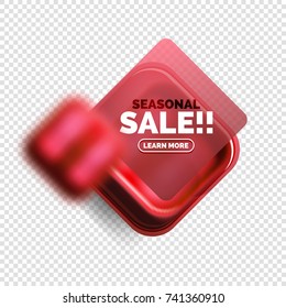 Square shape red sale button label tag, vector geometric buttons with transparency and blur effects