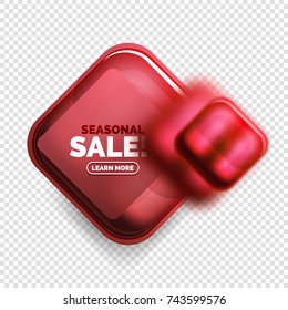 Square shape red sale button label tag, vector geometric buttons with transparency and blur effects