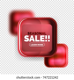 Square shape red sale button label tag, vector geometric buttons with transparency and blur effects