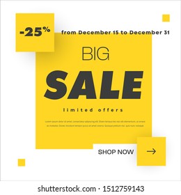 Square shape vector banner template with abstract pattern, arrow button and 25% discount. Design for social media mobile applications. Email newsletter layout.