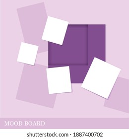 Square shape violet shades color mood board template. Decorative office memos pad, pins, sticky notes board and duct tape notes. Vector collage composition for branding presentation and photo frame 
