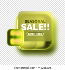 Square shape yellow sale button label tag, vector geometric buttons with transparency and blur effects