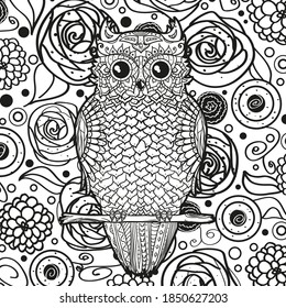 Square shape with zen owl. Hand drawn background. Black and white illustration