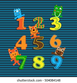 Square shaped animal illustration with numbers. Vector textile illustration for kids and babies.