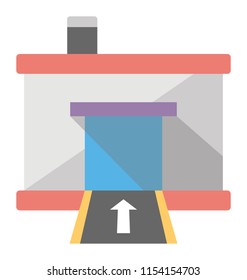 
A square shaped building with chimney, shutter gate and arrow pointing inside, graphic for storage garage 
