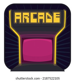 Square shaped button with arcade case with screen and pixel typography, promoting video games.