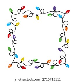 Marco de luces de Navidades de forma cuadrada. Vector colorido enredado cadena de guirnalda de bombilla. Elemento decorativo de los años Nuevos para las tarjetas de felicitación, invitaciones, Anuncios, carteles
