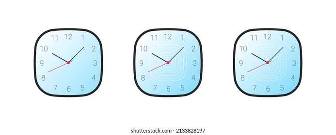 quadratische Uhr. Symbole für Zeit und Uhr. Einfache klassische Wanduhr. Vektorgrafik