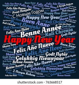 Square shaped cloud with typographic word collage of "Happy New Year" in different languages. Concept for New Year's celebrations