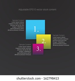 Square shaped cmyk edition of an abstract geometric vector simple menu with three elements for ranking, web design, brochure, infographics, listing or touchscreen layout for numbering & navigation