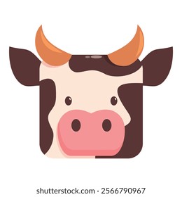 Square shaped cow face with brown spots and big pink nose looking forward