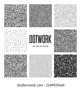 Square shaped dotted objects, stipple elements. Stippling, dotwork drawing, shading using dots. Pixel disintegration, halftone effect. White noise grainy texture, pattern. Vector illustration
