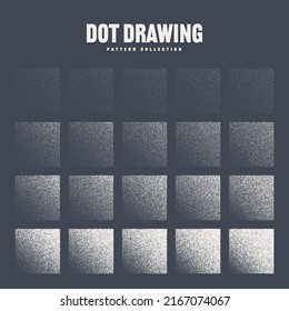 Square shaped dotted objects, stipple elements. Stippling, dotwork drawing, shading using dots. Pixel disintegration, halftone effect. White noise grainy texture. Fading gradient. Vector illustration
