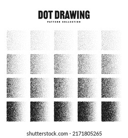 Square shaped dotted objects, stipple elements. Stippling, dotwork drawing, shading using dots. Pixel disintegration, halftone effect. White noise grainy texture. Fading gradient. Vector illustration