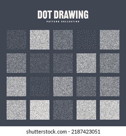 Square shaped dotted objects, stipple elements. Stippling, dotwork drawing, shading using dots. Pixel disintegration, halftone effect. White noise grainy texture, pattern. Vector illustration