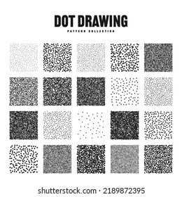 Square shaped dotted objects, stipple elements. Stippling, dotwork drawing, shading using dots. Pixel disintegration, halftone effect. White noise grainy texture, pattern. Vector illustration