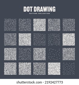 Square shaped dotted objects, stipple elements. Stippling, dotwork drawing, shading using dots. Pixel disintegration, halftone effect. White noise grainy texture, pattern. Vector illustration