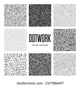 Square shaped dotted objects, stipple elements. Stippling, dotwork drawing, shading using dots. Pixel disintegration, halftone effect. White noise grainy texture, pattern. Vector illustration