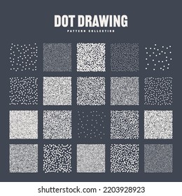 Square Shaped Dotted Objects, Stipple Elements. Stippling, Dotwork Drawing, Shading Using Dots. Pixel Disintegration, Halftone Effect. White Noise Grainy Texture, Pattern. Vector Illustration