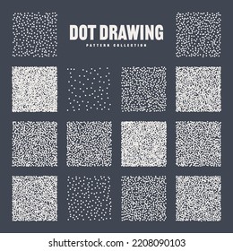 Square Shaped Dotted Objects, Stipple Elements. Stippling, Dotwork Drawing, Shading Using Dots. Pixel Disintegration, Halftone Effect. White Noise Grainy Texture, Pattern. Vector Illustration