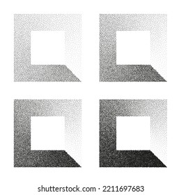Square shaped dotted objects, stipple elements. Stippling, dotwork drawing, shading using dots. Pixel disintegration, halftone effect. White noise grainy texture. Fading gradient. Vector illustration
