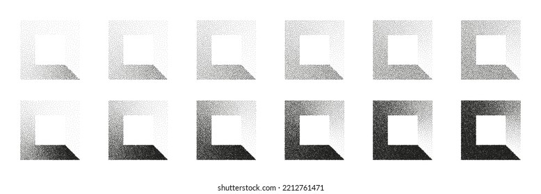 Square shaped dotted objects, stipple elements. Stippling, dotwork drawing, shading using dots. Pixel disintegration, halftone effect. White noise grainy texture. Fading gradient. Vector illustration