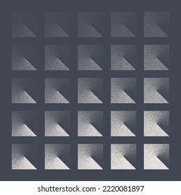 Square shaped dotted objects, stipple elements. Fading gradient. Stippling, dotwork drawing, shading using dots. Pixel disintegration, halftone effect. White noise grainy texture. Vector illustration