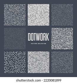 Square shaped dotted objects, stipple elements. Stippling, dotwork drawing, shading using dots. Pixel disintegration, halftone effect. White noise grainy texture, pattern. Vector illustration