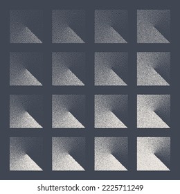 Square shaped dotted objects, stipple elements. Fading gradient. Stippling, dotwork drawing, shading using dots. Pixel disintegration, halftone effect. White noise grainy texture. Vector illustration