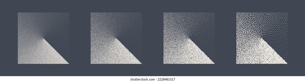 Square shaped dotted objects, stipple elements. Fading gradient. Stippling, dotwork drawing, shading using dots. Pixel disintegration, halftone effect. White noise grainy texture. Vector illustration