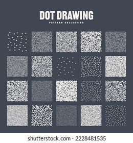 Square shaped dotted objects, stipple elements. Stippling, dotwork drawing, shading using dots. Pixel disintegration, halftone effect. White noise grainy texture, pattern. Vector illustration