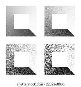 Square shaped dotted objects, stipple elements. Stippling, dotwork drawing, shading using dots. Pixel disintegration, halftone effect. White noise grainy texture. Fading gradient. Vector illustration