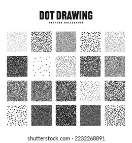 Square shaped dotted objects, stipple elements. Stippling, dotwork drawing, shading using dots. Pixel disintegration, halftone effect. White noise grainy texture, pattern. Vector illustration