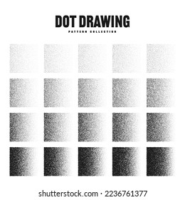 Square shaped dotted objects, stipple elements. Stippling, dotwork drawing, shading using dots. Pixel disintegration, halftone effect. White noise grainy texture. Fading gradient. Vector illustration