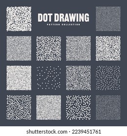 Square shaped dotted objects, stipple elements. Stippling, dotwork drawing, shading using dots. Pixel disintegration, halftone effect. White noise grainy texture, pattern. Vector illustration