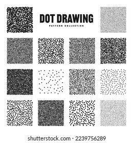 Square shaped dotted objects, stipple elements. Stippling, dotwork drawing, shading using dots. Pixel disintegration, halftone effect. White noise grainy texture, pattern. Vector illustration