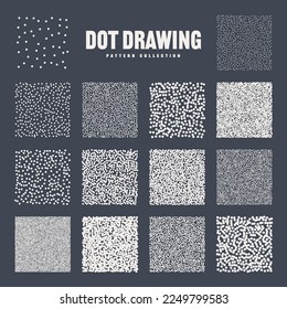 Square shaped dotted objects, stipple elements. Stippling, dotwork drawing, shading using dots. Pixel disintegration, halftone effect. White noise grainy texture, pattern. Vector illustration